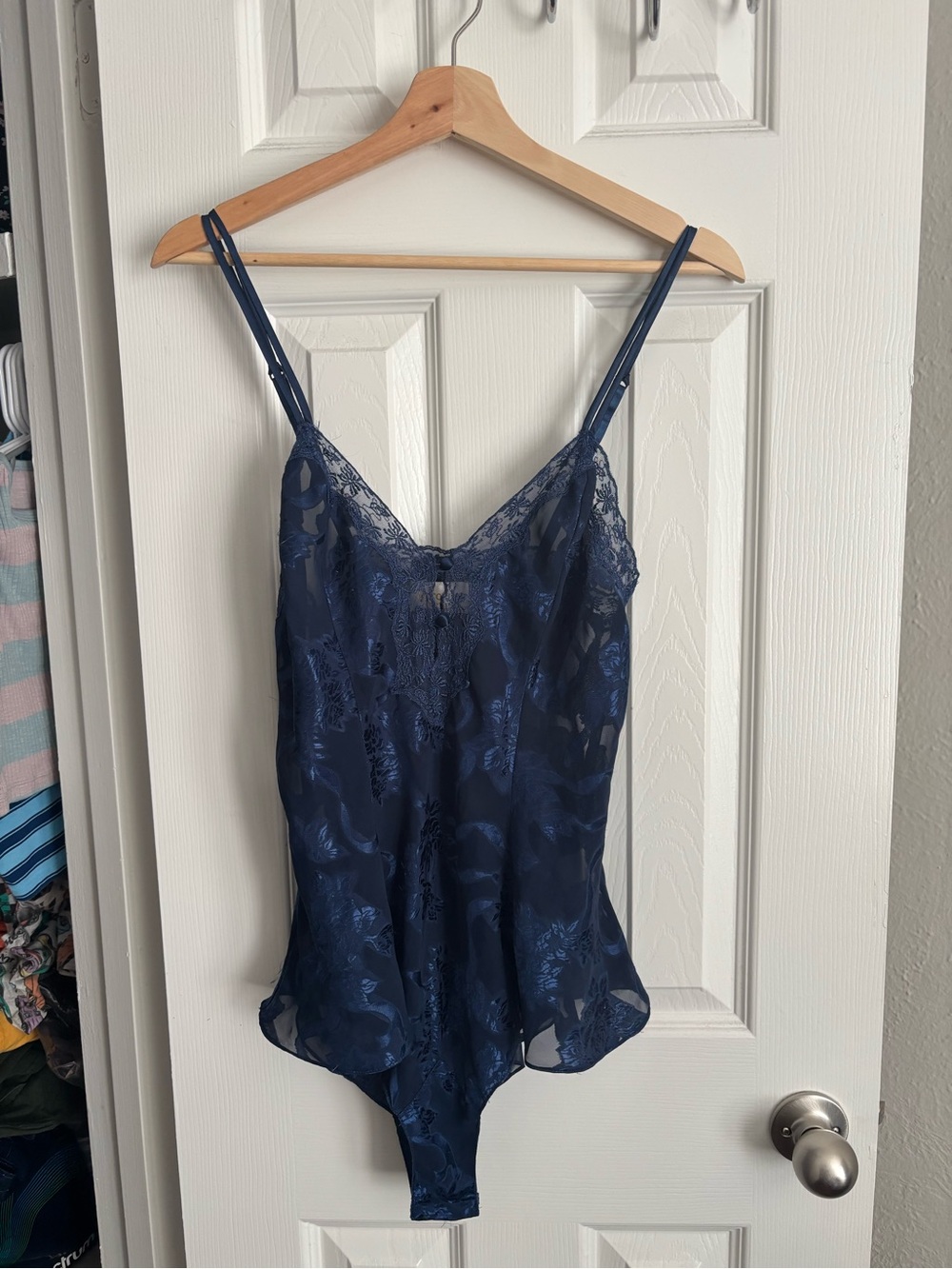 Victoria's Secret navy lace-trim satin bodysuit